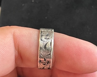 Hand Engraved Argentium Silver Floral Scroll Ring- Size 8
