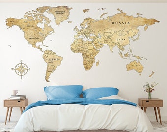 Vintage World Map Wall Sticker Print Large Wall Art Decal Modern Wall Decor World Map Print Travels Wall Art World Map Decal Wall Decors