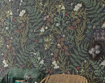 Whimsical Forest Wallpaper Botanical Vintage Wall Decor Dark Wallpaper Peel & Stick Fern Wallpaper Trendy Wallpaper Dark Botanical Wallpaper