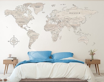 World Map Wall Decal Large Wall Art Print Cut Out Wall Sticker Vinyl World Map With Country Names to Mark Travels Home Wall Decor
