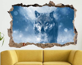 SUPERDANT Blue Wolf Forest Wall Sticker with Howling Wolf Full Moon
