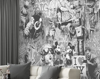 Papel de Parede Grafite Preto e Branco Autoadesivo / Tradicional | Arte Urbana Mural Decoração de Parede de Rua