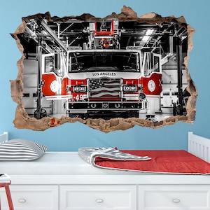 Firetruck Wall Sticker Fire Department Wall Decal Kid Name Playroom Wall Decor Gift for Boy Firetruck Wall Art Kids Truck Wall Decor Print