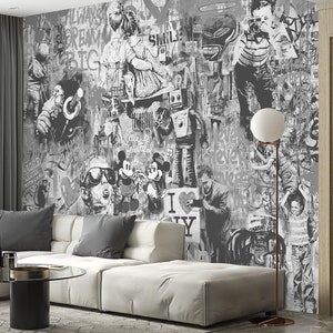 Schwarz Weiß Graffiti Tapete schälen und aufkleben / Traditionell | Urban Art Wandbild Street Art Wanddekor