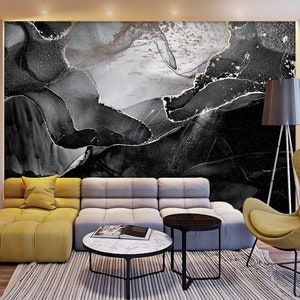 Black Abstract Office Wallpaper Peel and Stick Wall Mural Marble Wallpaper Grey Wall Decor Entryway, Bedroom, Custom Mural Wallpaper Print