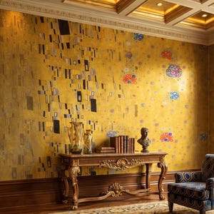 May include: A room featuring a wall mural inspired by Gustav Klimt's The Kiss, a dark wood console table with ornate carved legs, two glass vases, a row of books, a small bust, two blue patterned armchairs, and a large patterned area rug.
