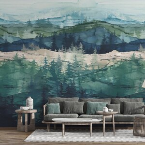 Watercolor Forest Trees Abstract Peel and Stick Wall Mural Wallpaper Mountain Forest Wallpaper Minimalist Landscape Horizon Wallpaper Decor