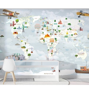 Tapete Kinderzimmer Spielzimmer Wandbild Weltkarte mit berühmten Monumenten Tapete Kinderwandbild Kinderzimmer Spielzimmer Wandbild Jungen-Raum-Wand-Dekor Wandbild