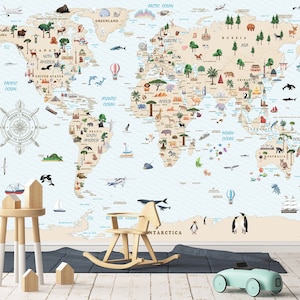 Wallpaper für Kinder, Lernweltatlas, Tiere und Landschaftsposter - Weltkarte, Kinderzimmer Tapete, Spielzimmer, Kinderzimmer Wandbild