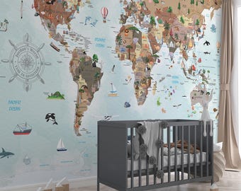 ¡La aventura te espera! Papel pintado con mapa del mundo para habitación infantil / Mural de pared con nombre personalizado / Fácil de despegar y pegar