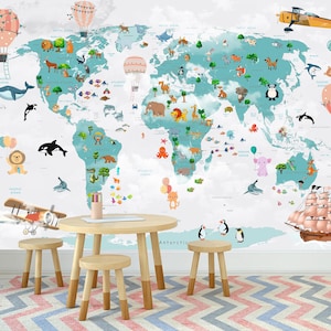 Behang Kinderkamer Kinderkamer Speelkamer Peel-and-Stick Muurschildering Kinderen Dierenwereldkaart Muurschildering Peuter Babykamer Wanddecoratie Cadeau voor kinderen