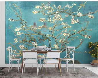 Van Gogh Almond Blossom Wallpaper Mural, Teal Blue Floral Wall Mural, Vintage Oil Painting Wall Art, Bedroom Dining Room Statement Wallpaper