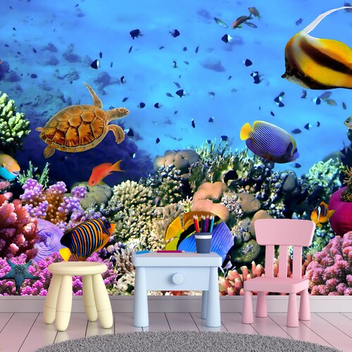 Sea Life Panoramic Wallpaper Fishes Wallpaper Underwater Mural Etsy