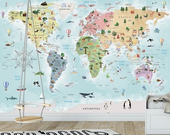 Kids Wall Wallpaper Animals and Landmarks World Map Nursery Playroom Wall Mural Cute Wallpaper Self-adhesive \ Unpasted Wallpaper Watercolor