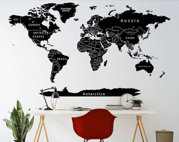 World Map Wall Decal Black World Map Wall Sticker Detailed Political Map Wall Decor Map with Country Names Push Pin Travel Map of World Art