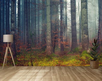 Moody Forest Wallpaper Mural, Foggy Woodland Wall Mural, Dark Nature Peel and Stick Wallpaper, Misty Trees Wall Decor