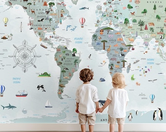 Nursery World Map Wallpaper with Animals, Educational Kids Room Wall Mural