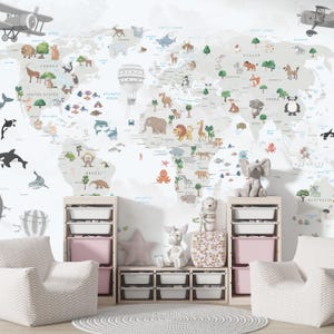 Kids World Map Wallpaper Mural - Animal Map Wall Art for Nursery Decor