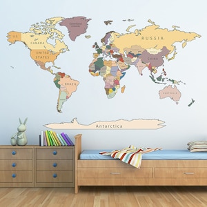 Multicolored World map decal Detailed Political World Map Decal Colorful Map with countries World map stiker Map world decal Push pin Map