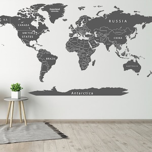 Dark Gray World Map Wall Decal Printable Wall Sticker Detailed World Map Wall Decor Print Push Pin Map to Mark Travels Travel Room Art Decor