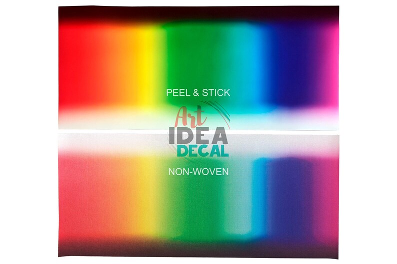 May include: A rectangular peel and stick decal featuring a vibrant horizontal rainbow gradient transitioning from red to orange, yellow, green, blue, and purple. The text Art IDEA DECAL is centered with the words PEEL & STICK and NON-WOVEN.