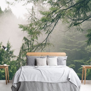 Evergreen Trees Branches Forest Wallpaper Peel and Stick Adhesive Vinyl Wallpaper Bedroom Living Room Inside Foggy Forest Home Wall Mural