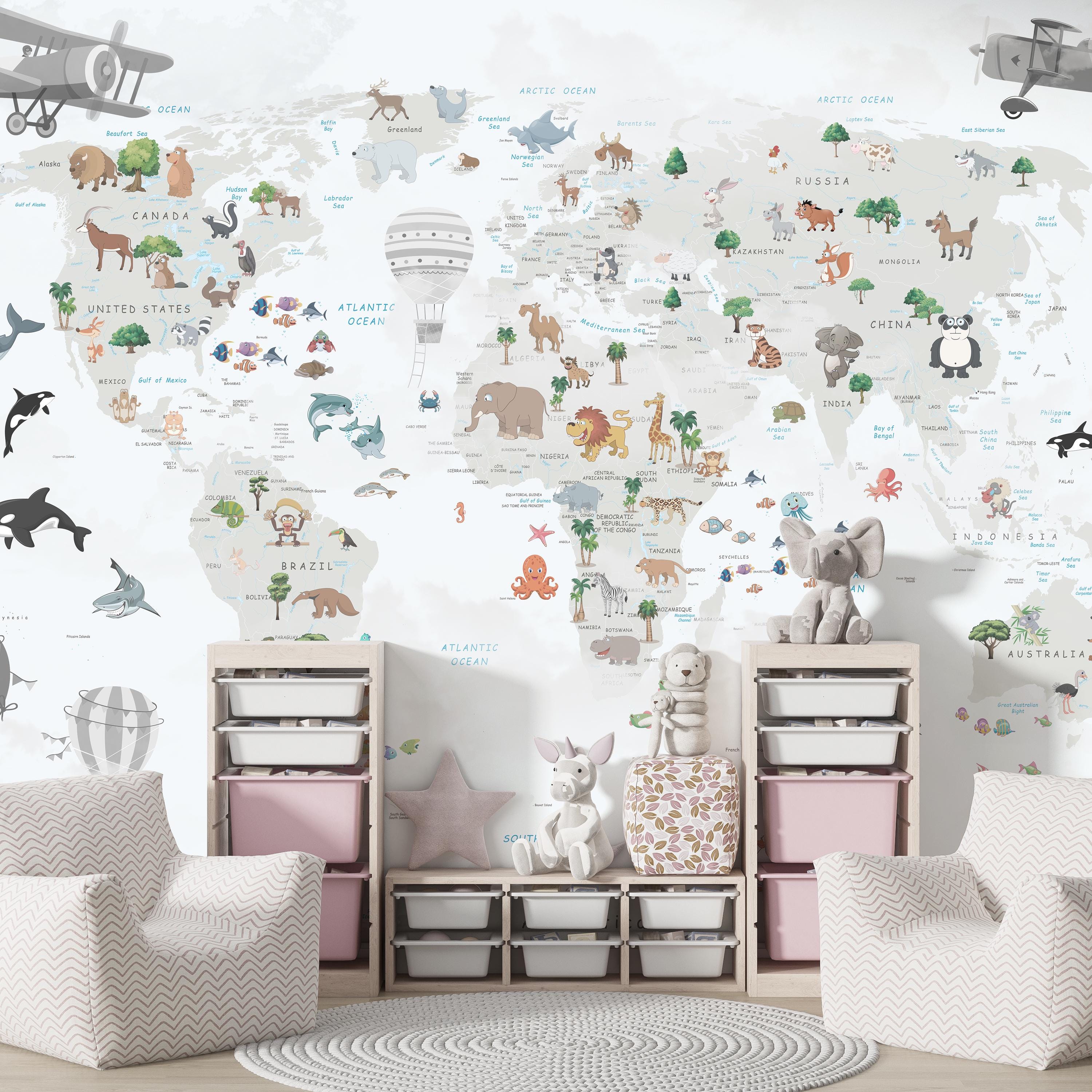 Kids World Map Wallpaper Mural - Animal Map Wall Art for Nursery Decor ...