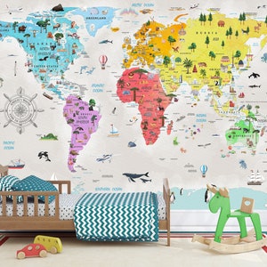 Kinderzimmer Tapete Weltkarte schälen und aufkleben Vinyl Tapete | Kinderzimmer Dekor Kinder Wandbild Kinder Wand Kunst Bunte Tapete Edukativ