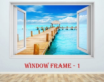 Window View Wall Decal Print Tropical Sea Island Beach Wall Decor Vinyl Wall Sticker Window Effect Wall Decor Temporary Wall Sticker