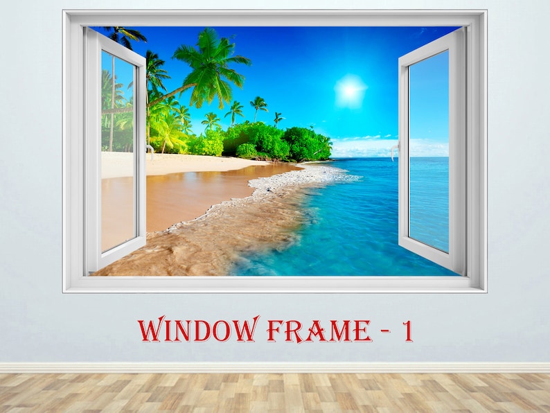 3D Window Beach Sea Wall decor Vinyl Poster Nature 3D Window view Wall decal Window effect Wall sticker Prints Poster Window sticker