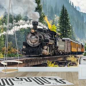 May include: A wall mural depicting a black steam locomotive numbered 482 travelling across a wooden trestle bridge through a dense forest with tall pine trees. A white swing hangs in the foreground, and a white rug with a black road pattern lies below.