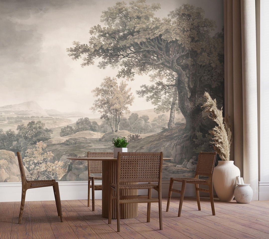 Classic Pastoral Landscape Wallpaper, Antique Tree Wall Mural in Soft ...