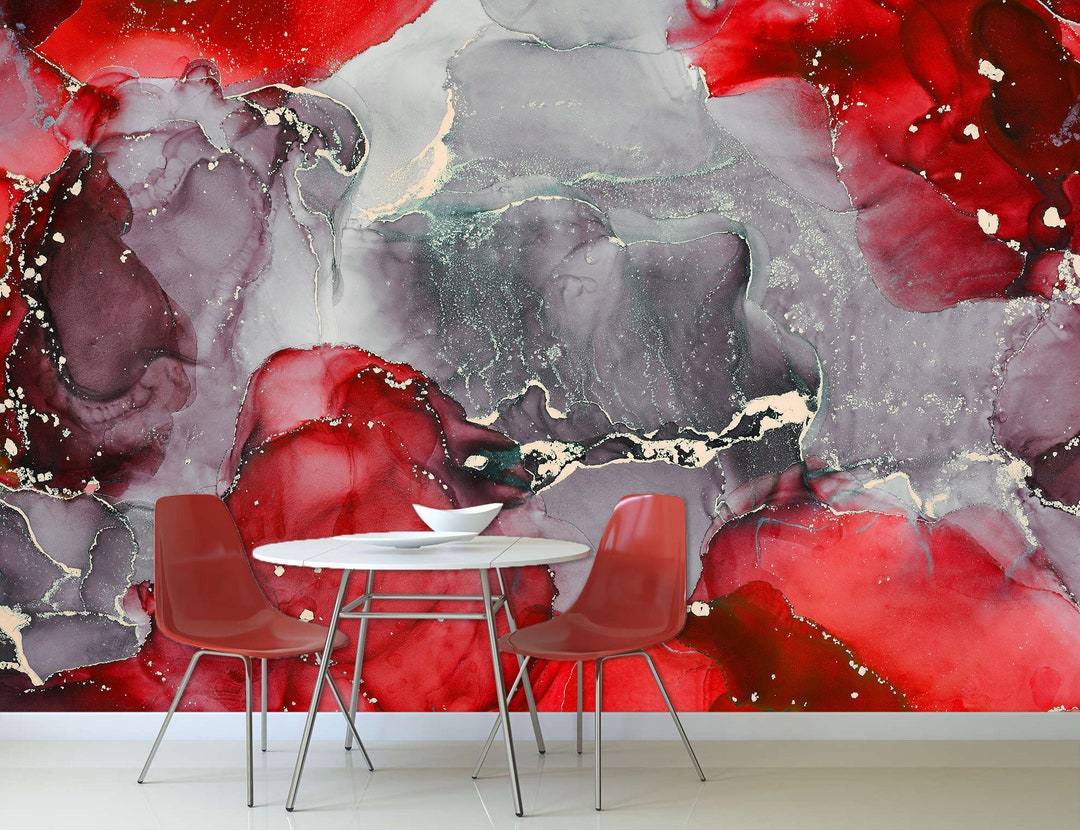 Peel and Stick Red Abstract Marble Wall Mural Accent Wallpaper Office