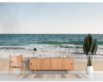 Coastal Ocean Waves Wall Mural, Beach Seascape Wallpaper, Minimalist Coastal Decor, Calm Sea Wall Art for Living Room Bedroom