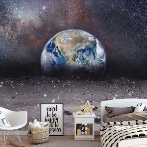 Carta da parati murale realistica con la Terra vista dalla Luna – Carta da parati spaziale per camerette di bambini o adolescenti – Carta da parati murale staccabile e adesiva con decorazione dell'universo cosmico