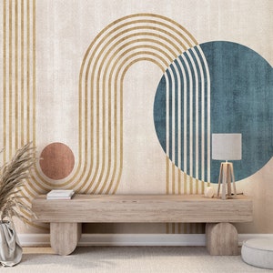 Carta da parati geometrica Boho Linee circolari Illustrazione astratta Murale da parete Soggiorno Camera da letto Decorazione da parete moderna Sfondi minimalisti beige