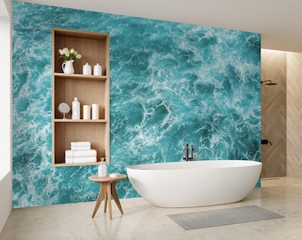 海の水の壁画、空中の海の泡の壁紙、ターコイズブルーのビーチのバスルームの装飾、大きな剥がして貼れるウォールアート、海岸の取り外し可能な装飾