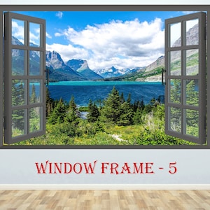 Mountain Lake in 3D Window Wall Sticker Nature 3D Window View Wall Decal Window Effect Wall Stickers Printed Window Temporary Wall Decor