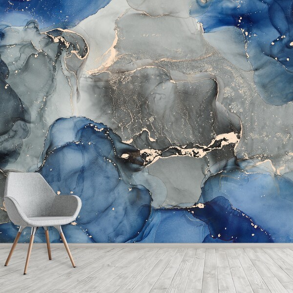 Modern Dark Blue Wallpaper Bedroom Etsy