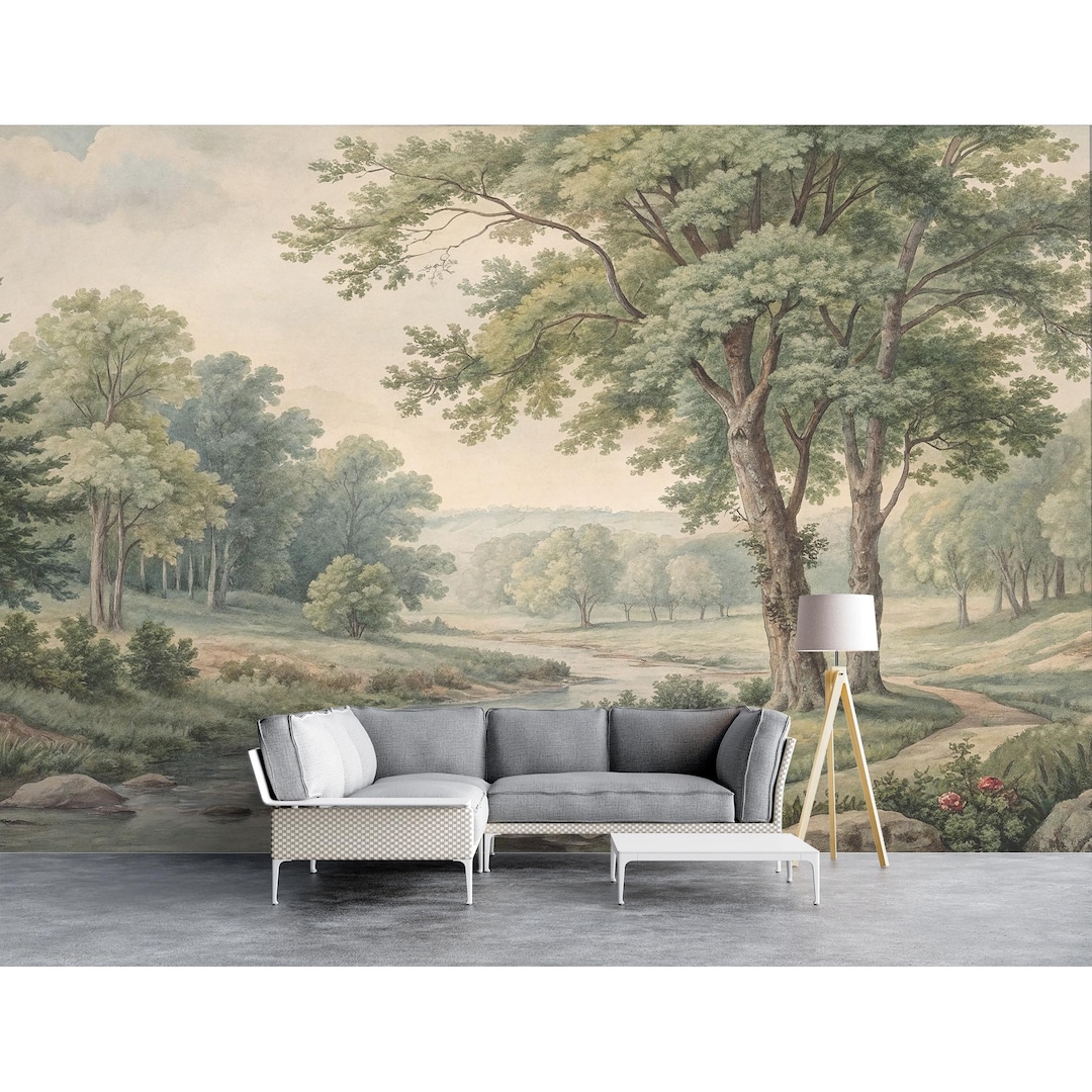Countryside Mural Tree Scenic Wallpaper Peel & Stick Vintage Landscape ...