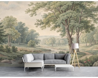 Countryside Mural Tree Scenic Wallpaper Peel & Stick Vintage Landscape Wallpaper Bedroom Living Room Wall Decor Pastoral Nature Wallpaper
