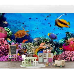 Underwater Life Wall Mural Wallpaper Fishes Wallpaper Sea Life Wallpaper Peel 'n Stick Sea Animals Wall Decal Coral Reef Print Large Wall