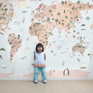 Papier peint pour enfants, carte du monde aquarelle, papier peint autocollant / traditionnel - décoration murale pour chambre d'enfants - dimension personnalisée - W-900