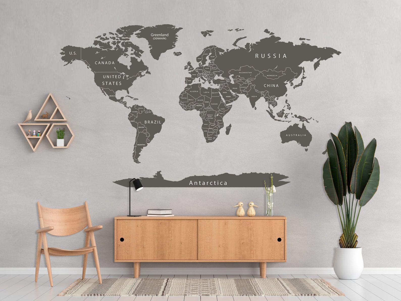 Dark Gray World Map Wall Decal Printable Wall Sticker Detailed Etsy