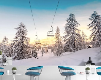 Snow Mountain Ski Lift Wallpaper, Winter Forest Wall Mural, Alpine Landscape, Ski Resort Decor, Cabin Living Room Wallpaper