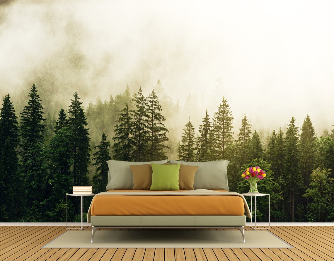 Wall Mural Bedroom Wallpaper Green Rainy Forest Mural Peel & Etsy