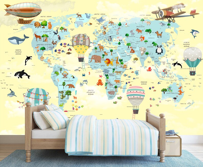 Kids Map Wallpaper World Map Nursery Wall Mural Peel and Stick Etsy