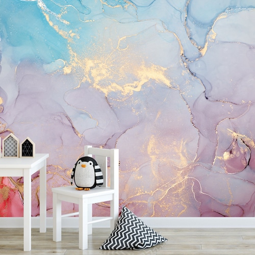 Pink Blue Wall Mural Abstract Wallpaper Accent Wall Decor Etsy