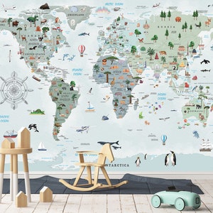 Kinderkamer muurschildering wereldkaart behang voorschoolse muur kunst educatief kinder behang Peel n stick aquarel behang op maat cadeau voor kinderen