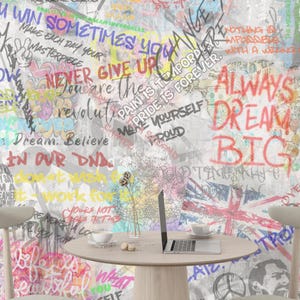 Colorful Street Art Wallpaper with Positive Quotes - Modern Graffiti Wall Mural Bold Funky Wallpaper for Teen Rooms & Studios Wall Art Decor